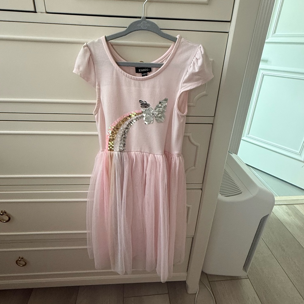 Zunie Pink Dress with Sequin Rainbow and Butterfly